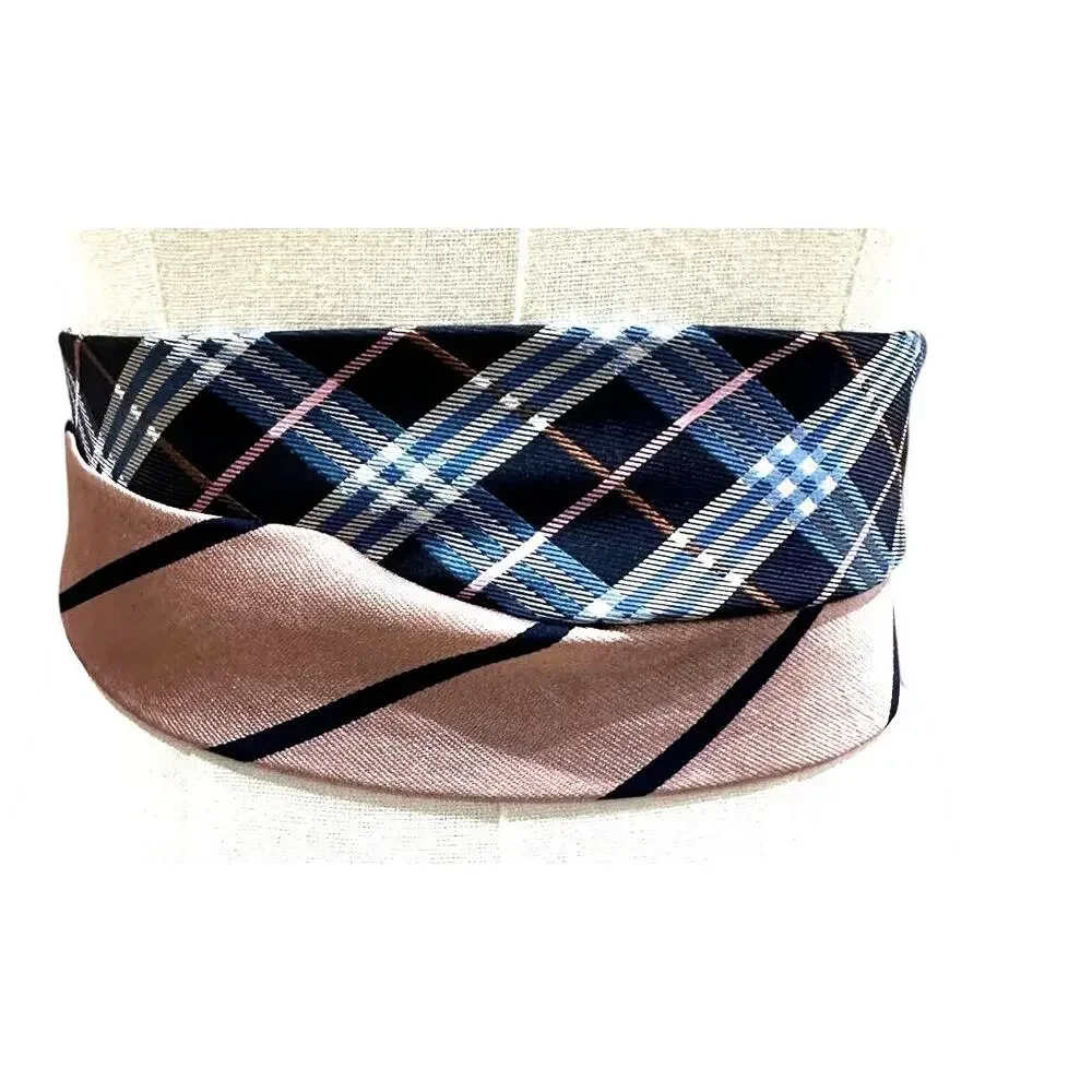 Unique Blue Pink Satin Obi Belt Wide One Size Upcycle Plaid Preppy One of a Kind